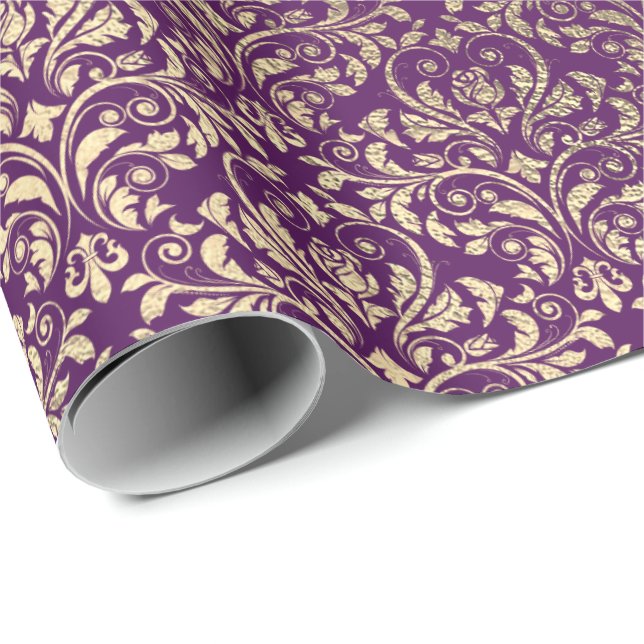 Papel De Regalo Damask Violet Purple Grape Plum Gold Royal (Esquina del rollo)