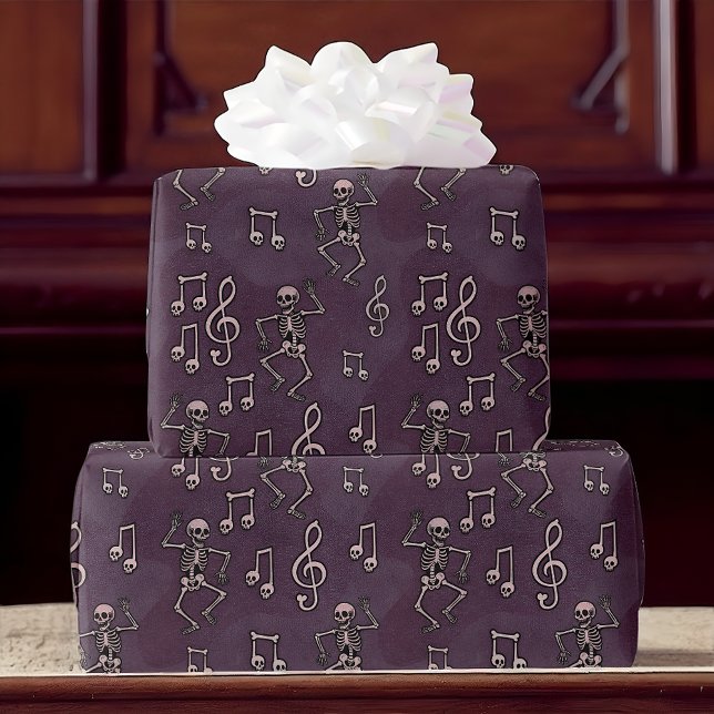 Papel De Regalo Dancing Skeleton Music Notes Halloween (Gift wrap with dancing skeletons and music notes, perfect for Halloween, gothic, or music lovers.)