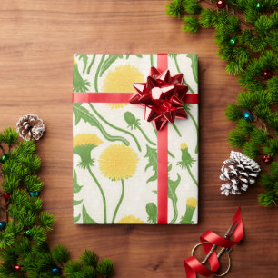 Papel De Regalo Dandelions, verde, amarillo y blanco