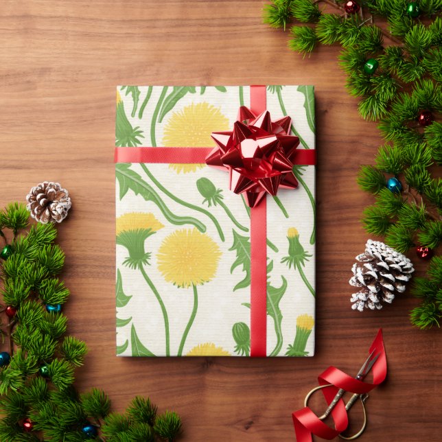 Papel De Regalo Dandelions, verde, amarillo y blanco (Regalo de vacaciones)