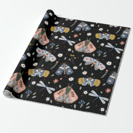Papel De Regalo Dark Academia Moth Floral en negro