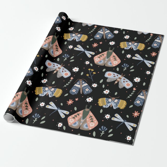 Papel De Regalo Dark Academia Moth Floral en negro (Desenrollado)