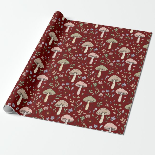 Papel De Regalo Dark Academia Plum Red Fungi Seamless Luxury (Desenrollado)