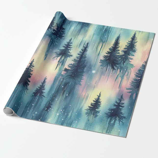 Papel De Regalo Dark Aurora Borealis Night Forest (10) (Desenrollado)