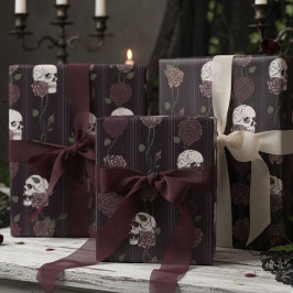 Papel De Regalo Dark Burgundy Gothic Skull & Rose Stripes