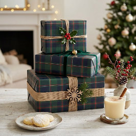 Papel De Regalo Dark Navy Blue Red Green Plaid Wrapping Paper