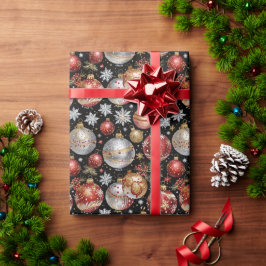 Papel De Regalo Dark Ornament Wrapping Paper with Silver, Gold Red