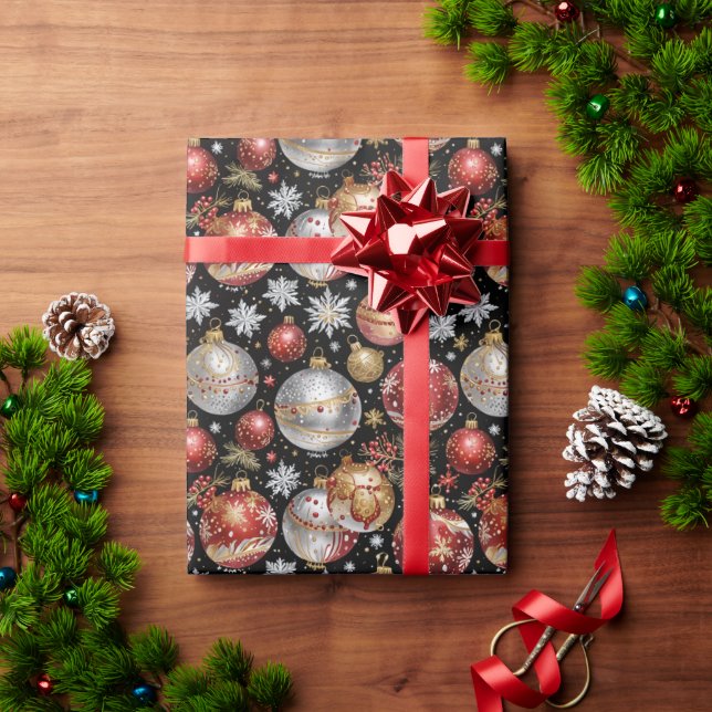 Papel De Regalo Dark Ornament Wrapping Paper with Silver, Gold Red (Regalo de vacaciones)