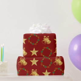 Papel De Regalo Dark Red Wrapping Paper w Gold Bells, Stars Wreath
