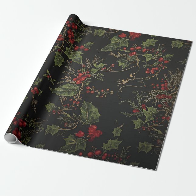 Papel De Regalo Dark Victorian Crimson Berries & Gold Vine Wrappin (Desenrollado)