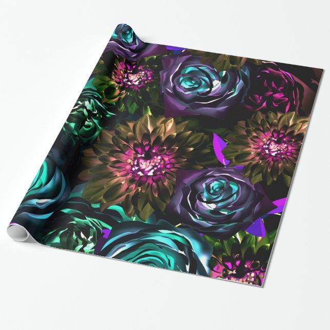 Papel De Regalo Dark Wonderland Negrita Glamour Flores florales Fi (Desenrollado)