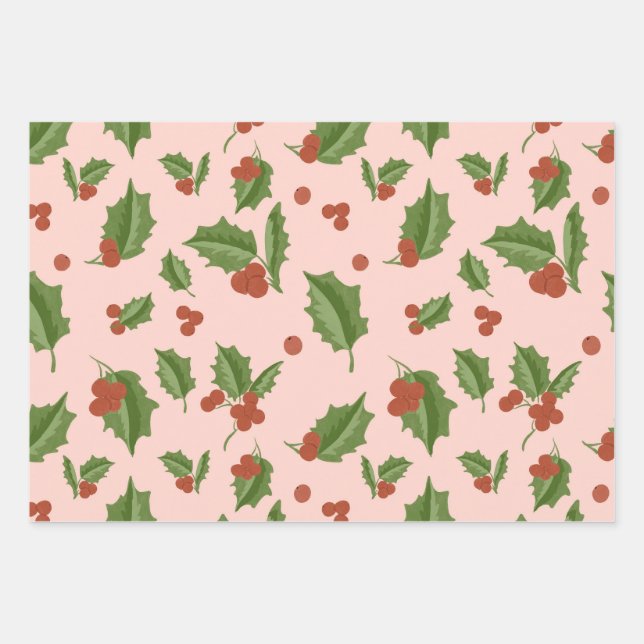 Papel de regalo de acebo rosa (Anverso)