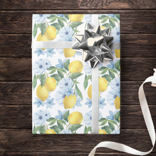 Papel de regalo de acuarela blanca con limón y flo