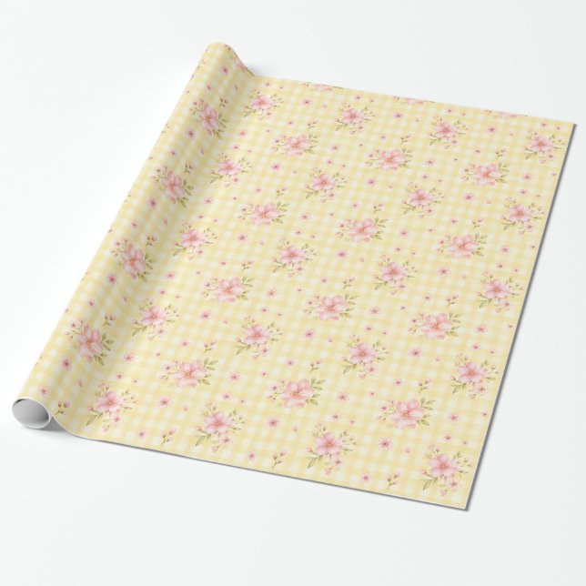 Papel de Regalo de Acuarela con Flores Rosas y Cua (Desenrollado)