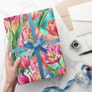 Papel de Regalo de Acuarela Tulipán Rosa Vibrante