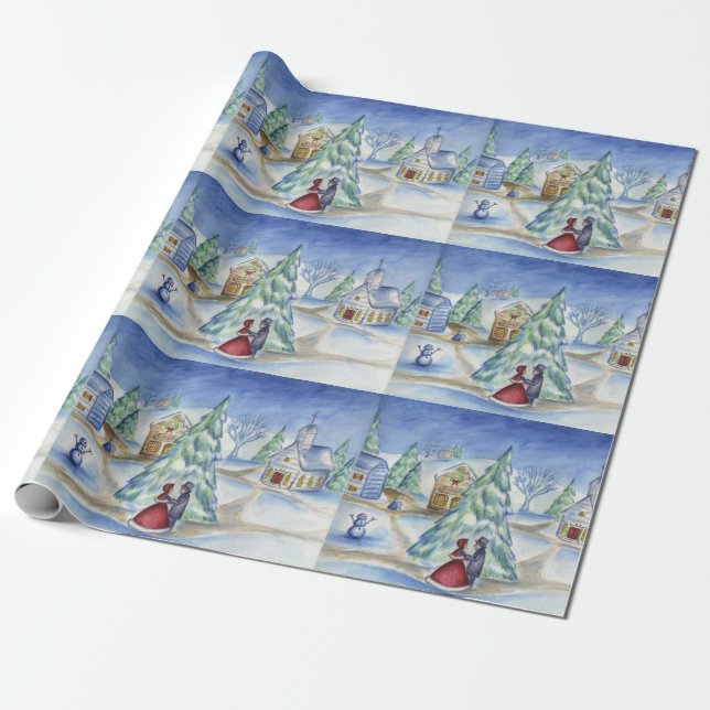 Papel de regalo de Aldea Navideña Victoriana (Desenrollado)