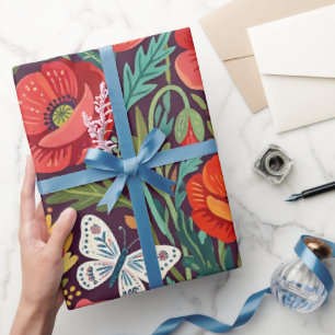 Papel de regalo de amapolas abstractas y mariposas
