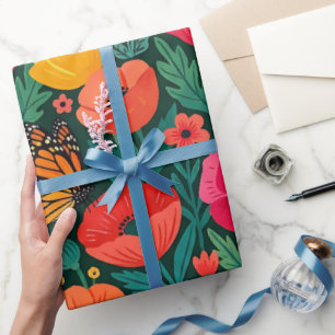 Papel de regalo de amapolas abstractas y mariposas