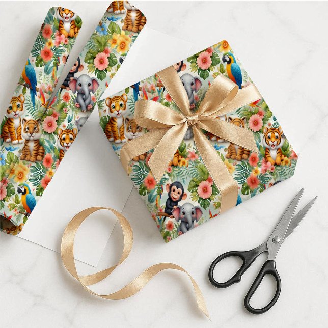 Papel de regalo de animales de la selva para bebé (Baby Jungle Animals Tropical Gift Wrapping Paper)