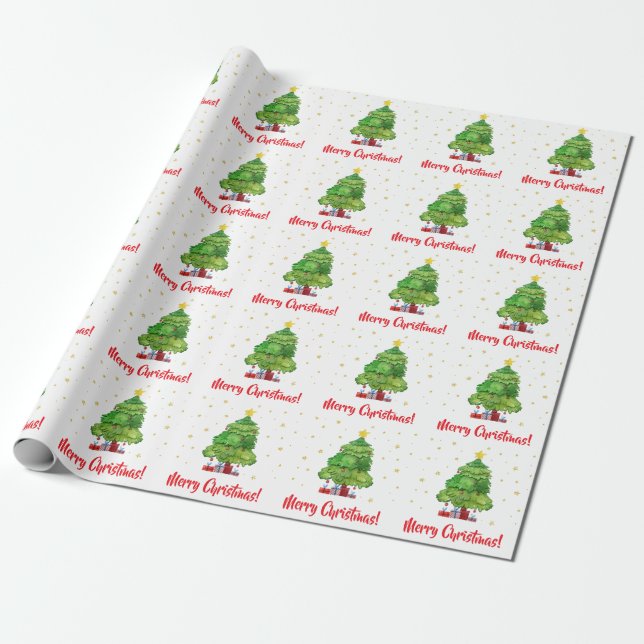 Papel de regalo de árbol de Navidad alegre rojo y  (Desenrollado)