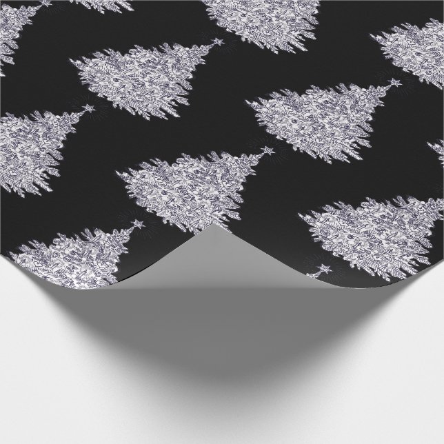 Papel de regalo de árbol de Navidad en negro y bla (Esquina)