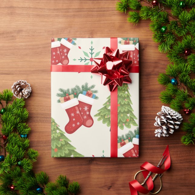 Papel de Regalo de Árbol de Navidad, Media y Copo  (Regalo de vacaciones)