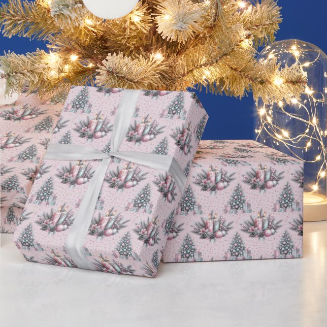 Papel de regalo de árbol de Navidad rosa y vela (Vacaciones)