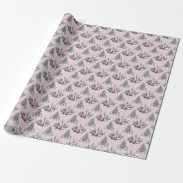 Papel de regalo de árbol de Navidad rosa y vela