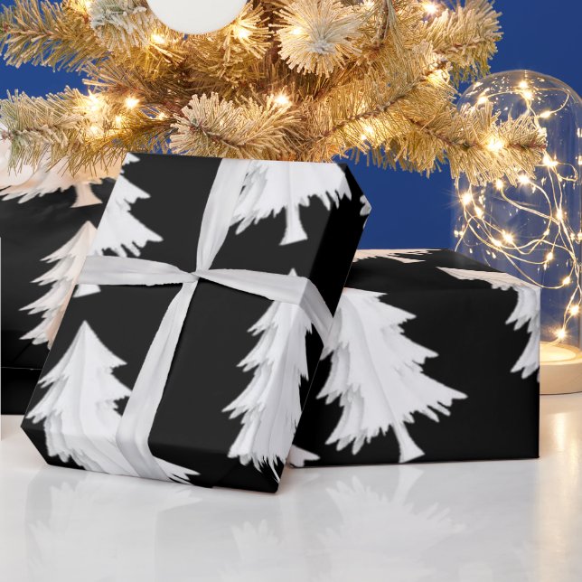 Papel de Regalo de Árboles de Navidad en Blanco y  (Vacaciones)