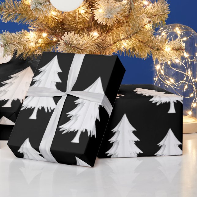 Papel de Regalo de Árboles de Navidad en Blanco y  (Vacaciones)