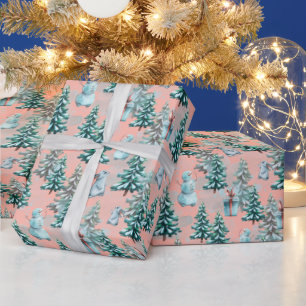 Papel de regalo de árboles de Navidad y muñecos de