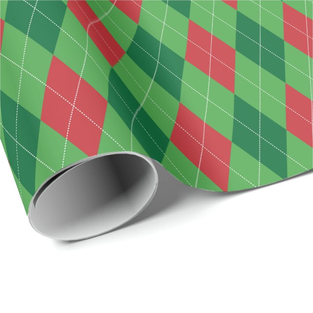 Papel de regalo de argyle rojo y verde grande (Esquina del rollo)