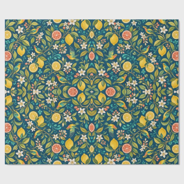 Papel de regalo de aves y flores de limonero (Superficie plana)