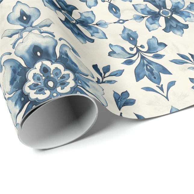 Papel de regalo de azulejo floral holandés, patrón (Esquina del rollo)