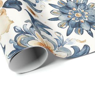 Papel de regalo de baldosas florales azul y beige,