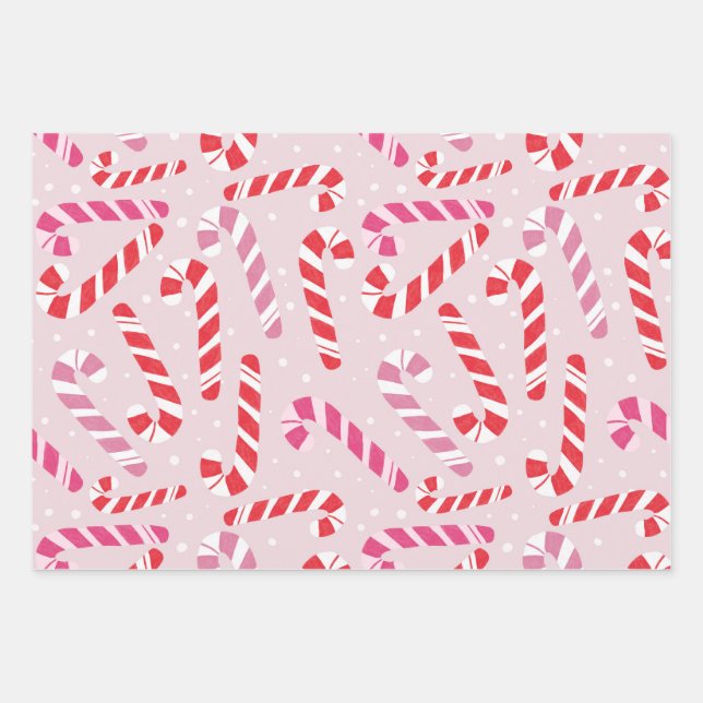 Papel de Regalo de Bastón de Caramelo Rosa (Anverso)