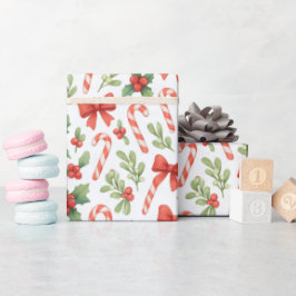 Papel de Regalo de Bastones de Caramelo, Acebo y L