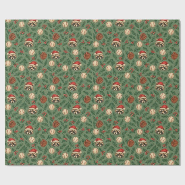 Papel de regalo de béisbol Mapache de Navidad (Superficie plana)