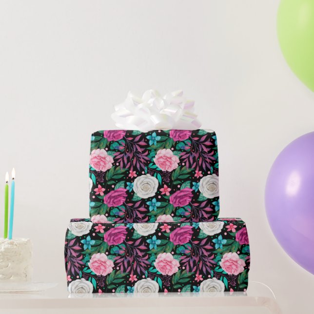 Papel de regalo de boda con rosas blancas rosadas  (Regalos de fiesta)