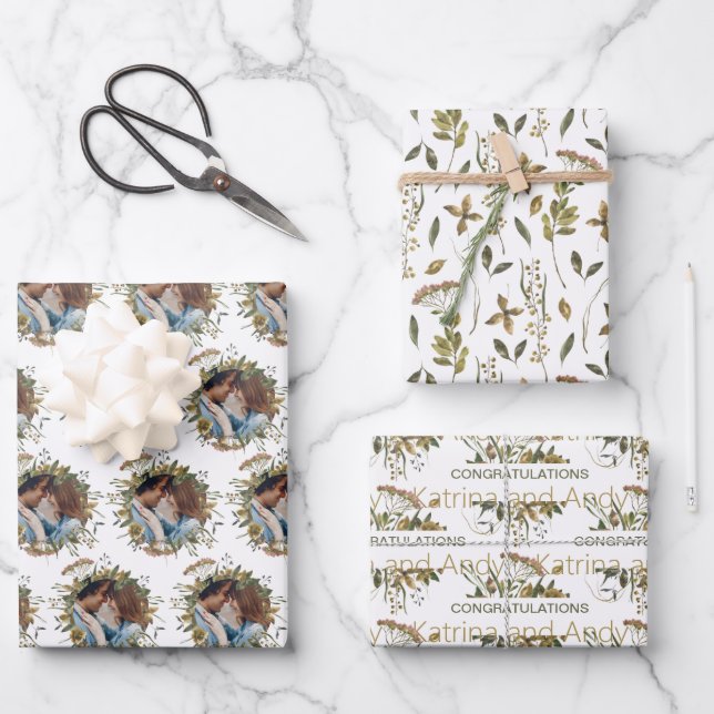 Papel de regalo de boda floral acuarela hojas  (Anverso)