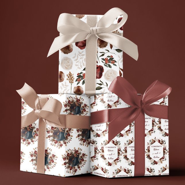 Papel de regalo de boda floral acuarela hojas (Congratulate a special couple with these personalized wrapping paper sheets! )