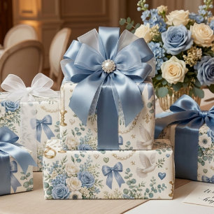 Papel de regalo de boda floral dorado azul polvori