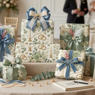 Papel de regalo de boda floral dorado verde salvia
