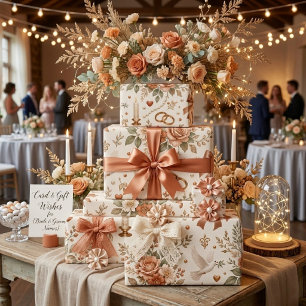 Papel de regalo de boda floral terracota con palom