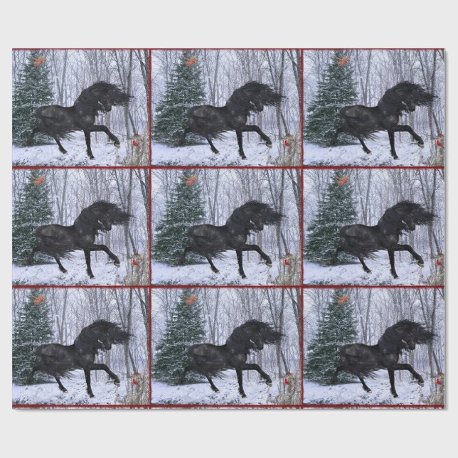Papel de regalo de caballo frisón de invierno mági (Superficie plana)