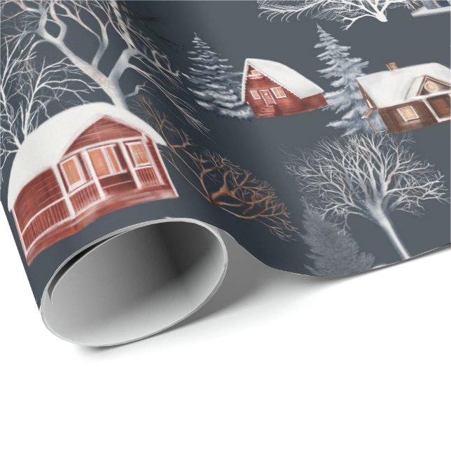 Papel de regalo de cabaña de Navidad de invierno (Esquina del rollo)