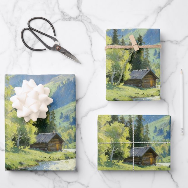 Papel de Regalo de Cabaña Rústica en la Montaña (Anverso)