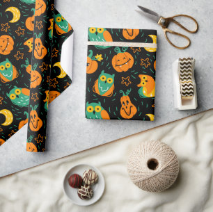 Papel de regalo de calabazas de Halloween búhos lu