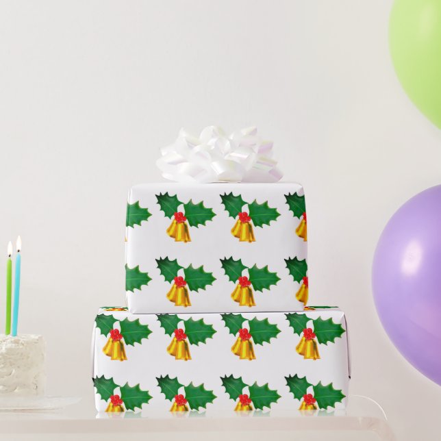 Papel de regalo de campana dorada y acebo (Regalos de fiesta)