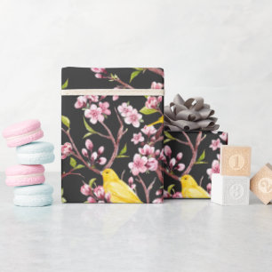 Papel de Regalo de Canarios Amarillos y Flores de